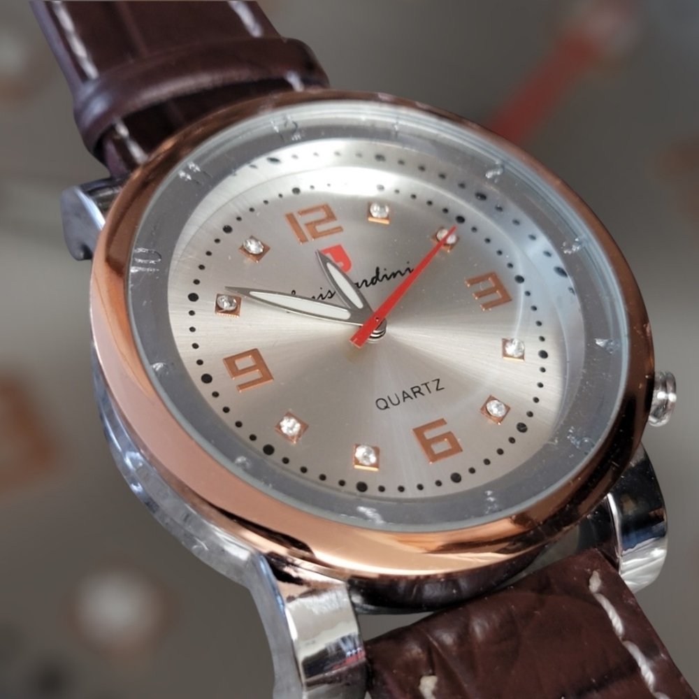 Copper/Silvertone Water Resistant Stainless Steel Watch Brown Band Red Hand